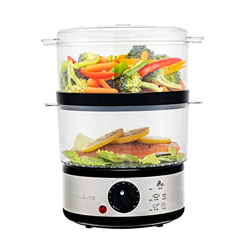 Ovente Electric Food Steamer 5 Quart Double Tier Stackable Portable BPA-Free Basket with 400 Watt Power Stainless Steel Base Steamer 60-Minute Timer Fast Steaming for Vegetable and Fish, Silver FS62S