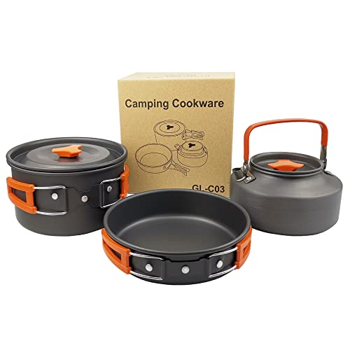 aiGear Camping Cooking Set Cookware Mess Kit with Storage Bag Pot Pan and Teapot Set Camping Accessories for Outdoor Camping Hiking Picnic Portable and Lightweight Aluminum Color Orange (CC01OR05)