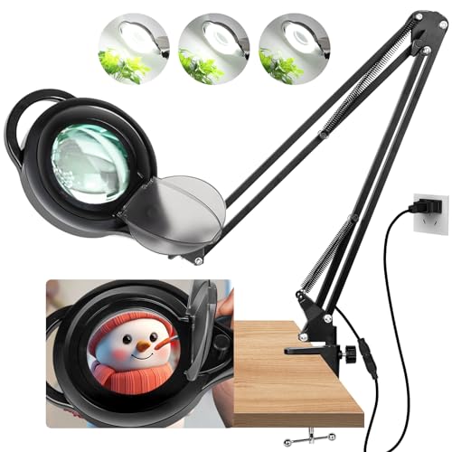 HITTI 10X Long Magnifying Glass with Light and Stand, 2200 Lumens Dimmable Bright LED Lighted Magnifier, Ajustable Swing Arm Magnifying Desk Lamp with Clamp, Hands Free for Craft Hobby Workbench