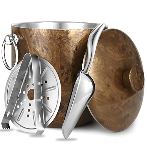Ice Bucket with Lid, Scoop, Tongs and Strainer - Well Made Insulated Stainless Steel Keep Ice Frozen Longer - Ideal for Cocktail Bar, Parties, Chilling Wine, Champagne - 3 Liter (Teakwood)