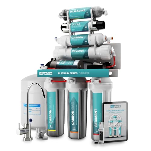 NU Aqua 7-Stage Alkaline & UV Under Sink Reverse Osmosis Water Filter System - Booster Pump - 100 GPD RO Filtration & Remineralization - Faucet & Tank - 100GPD Undersink Home Kitchen Drinking Purifier