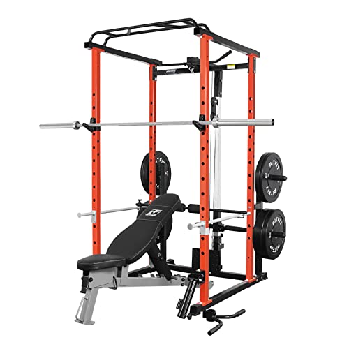 RitFit Garage & Home Gym Package Includes Optional 1000LBS Power Cage with LAT Pull Down,Weight Bench, Barbell Set with Olympic Barbell (Package 1.6K (Bumper Plate 230LBS))-Orange