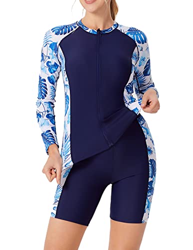 JACK SMITH 2024 Womens Modest Swimsuits Rash Guard Swim Shirt 3 Piece Long Sleeve Tummy Control Zip SPF Bathing Suits Navy/Flower