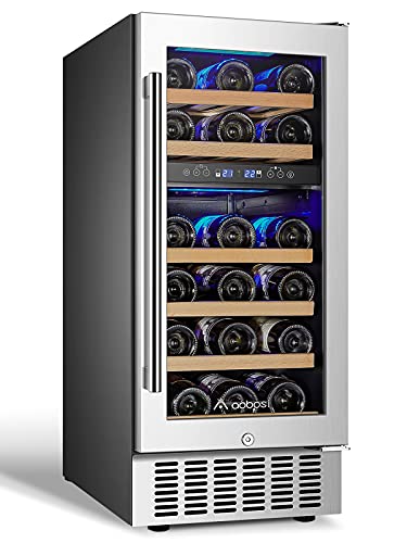 AAOBOSI 【Upgraded】 15 Inch Wine Cooler, 28 Bottle Dual Zone Wine Refrigerator with Stainless Steel Tempered Glass Door,Memory Function, Fit Champagne Bottles, Wine Fridge Freestanding and Built-in
