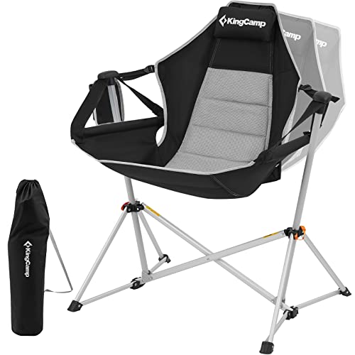 KingCamp Hammock Camping Chair, Aluminum Alloy Adjustable Back Swinging Folding Rocking Chair with Headrest & Cup Holder for Outdoor, Travel, Sport, Games, Lawn, Concerts, Backyard (Black)