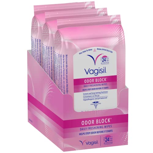 Vagisil Odor Block Daily Freshening Wipes for Feminine Hygiene in Resealable Pouch, Gynecologist Tested & Hypoallergenic, 20 Wipes (Pack of 3)