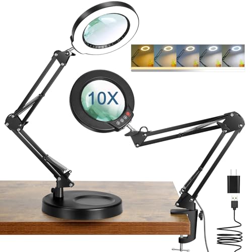 Coyeth 10X Magnifying Glass with Light and Stand, 5 Color Modes Stepless Dimmable 2-in-1 Lighted Magnifier with Clamp, LED Desk Lamp Hands Free for Crafts Hobby Reading Painting Sewing Close Work