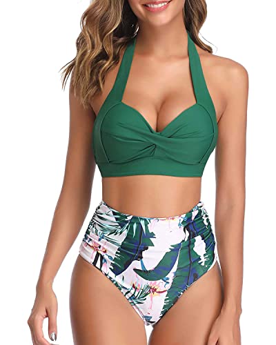 Tempt Me Women's Vintage Swimsuits Green Retro Halter Ruched High Waist Bikini with Bottom L