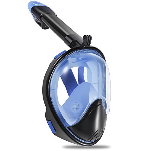 Vaincre 180° Full Face Snorkel Mask Panoramic View Anti-Fog,Anti-Leak Snorkeling Design with Adjustable Head Straps-See Larger Viewing Area Than Traditional Masks for Adults Youth (Black/Blue L/XL)