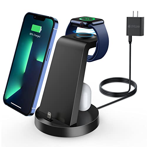 Charging Station for Multiple Devices,3 in 1 Fast Charging Station Dock for iPhone Series 14 Pro Max/13/12/11/X/8 Plus,Airpods,DUMTERR Desk Wireless Charger for Apple Watch 8/Ultra/7/6/SE/5/4/3/2