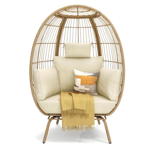 YITAHOME Egg Chair Outdoor, 370lbs Capacity Wicker Patio Basket Chair, All-Weather Oversized Stationary Egg Lounger Chair for Indoor Living Room Outside Balcony Backyard (Beige)