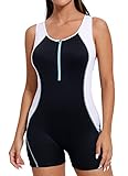 BALEAF Women's Boyleg One Piece Swimsuits Conservative Racerback Training Athletic Swimwear with Zipper Bathing Suits Black/White 38