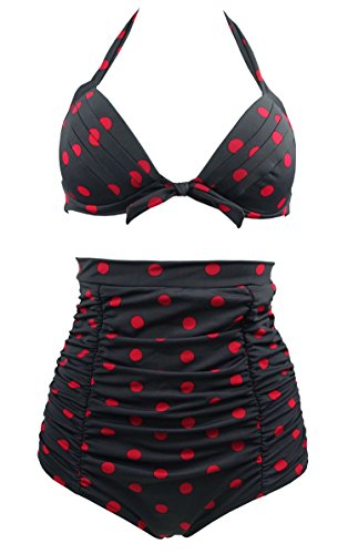 COCOSHIP Black & Red Polka Dot 50s Vintage High Waisted Bikini Swimsuits Two Piece Bathing Suit XXXXL(FBA)