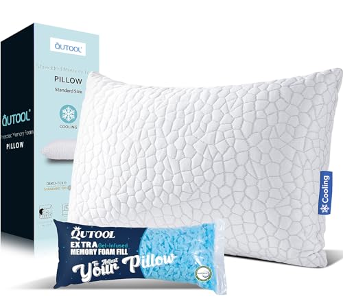 QUTOOL Cooling Bed Pillows for Sleeping Shredded Memory Foam Pillows - Gel Pillow Adjustable Pillows for Side Stomach&Back Sleepers Washable Removable Cover Standard Size (Pack of 1)