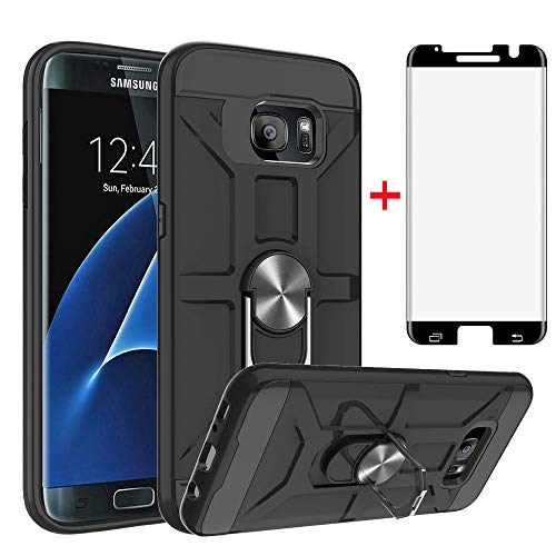 Phone Case for Samsung Galaxy S7 Edge 5.5 inch Compatible with Tempered Glass Screen Protector Cover 360 Deree Rotating Magnetic Finger Ring Kickstand Slim Hard Hybrid for Galaxy SM S 7 7s GS7 Black