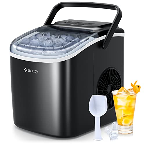 ecozy Portable Countertop Ice Maker - 9 Ice Cubes in 6 Minutes, 26 lbs Daily Output, Self-Cleaning with Ice Bags, Scoop, and Basket for Kitchen, Office, Bar, Party - Black