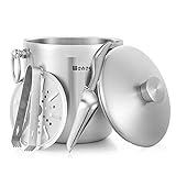Ice Bucket with Lid and Strainer - Well Made Insulated Stainless Steel Double Wall Keep Ice Frozen Longer - Bonus Ice Tongs and Scoop - 3 Liter (Stainless Steel)