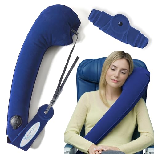 TRAVELREST Ultimate Travel, Neck & Body Pillow - Strap to Plane & Car Seat - Compact, Comfort and Convenient for Office Napping, Airplane, Bus & Train - Upright Sleeping - Rolls Up Small - Blue