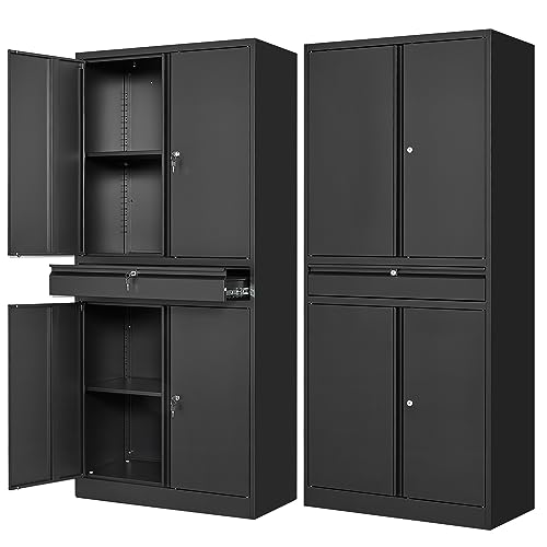 Letaya Metal Garage Storage Cabinet with Drawer,4 Door Tool Cabinet with Lock-2 Adjustable Shelves for Garage Home Office Utility Room (Black)