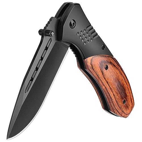 KEXMO Pocket Knife for Men - 3.46' Sharp Blade Wood Handle Pocket Folding Knives with Clip, Glass Breaker - EDC Knives for Survival Camping Fishing Hiking Hunting Gift Women, Black