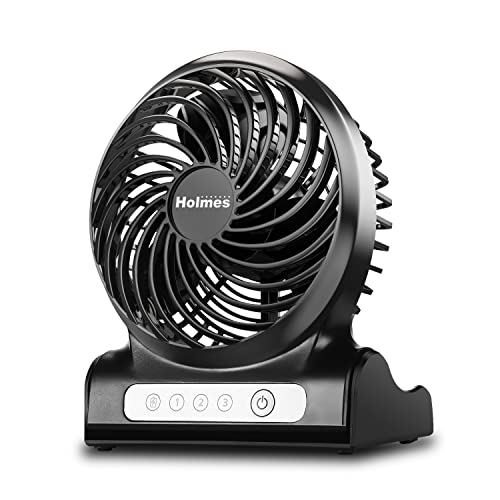 HOLMES 4' Personal Fan, Rechargeable Battery, 3 Speed Settings, Lightweight, Compact and Portable, Adjutstable Head, Home and Office, USB Cable, Black Finish