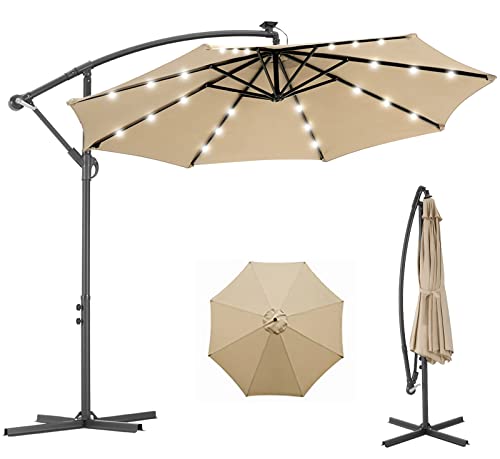 AECOJOY 10FT Patio Outdoor Umbrella with Solar Powered LED Cantilever Umbrella Hanging Market Umbrella Offset Umbrella with Cross Base, 24 LED Lights for Backyard, Beige