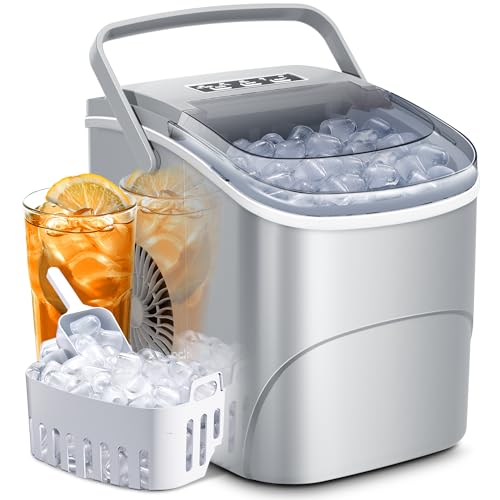 AGLUCKY Ice Makers Countertop with Handle,26.5Lbs/24H,9 Cubes in 6 Mins,2 Sizes of Bullet Ice,Portable Ice Maker Machine with Self-Cleaning,Perfect for Home Kitchen(Grey)