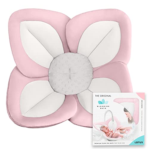 Blooming Bath Lotus Bath Seat - Plush Minky Baby Sink Bathtub - The Original Washer-Safe Flower Seat for Newborns - Pink/White/Gray