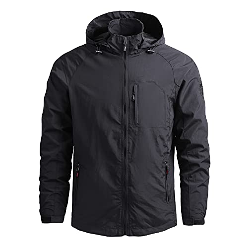 Men's Rain Jacket Waterproof Breathable Hooded Windbreaker Jacket Men's Outdoor Sports Jackets Lightweight Coat Black