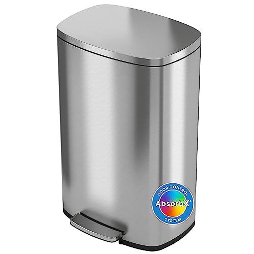 iTouchless SoftStep 13.2 Gallon Step Trash Can with Odor Filter System, Stainless Steel 50 Liter Pedal Garbage Bin for Kitchen, Home, Office, Silent and Gentle Lid Close