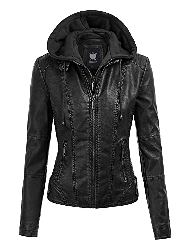 Lock and Love LL WJC1044 Womens Faux Leather Quilted Motorcycle Jacket with Hoodie L BLACK