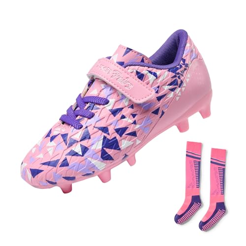 DREAM PAIRS Boys Girls Soccer Cleats Youth Firm Groud Football Shoes with Socks SDSO2307K-ACC Size 13 Little Kid Pink/Purple