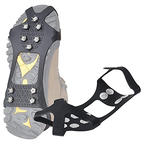 Crampons Ice Cleats Traction Snow Grips for Boots Shoes, takyu 10 Stainless Steel Spikes Safe Protect for Hiking Fishing Walking Climbing Mountaineering Women Men (L, Black)