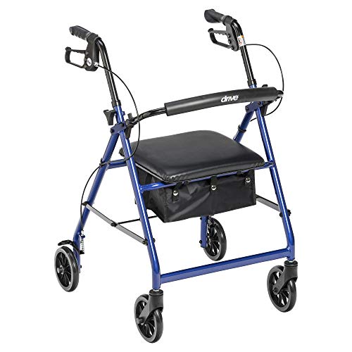 Drive Medical Aluminum Rollator Walker Fold Up and Removable Back Support, Padded Seat, 6' Wheels, Blue