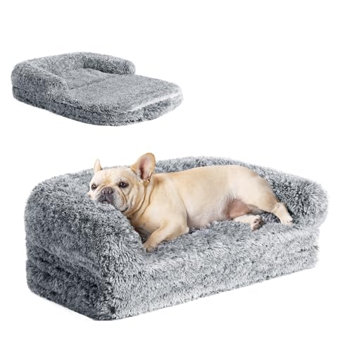 EHEYCIGA Foldable XL Dog Bed, Faux Fur Fluffy Dog Bed for Extra Large Dogs, Orthopedic Calming Memory Foam XL Dog Couch Bed, Washable Soft Warm Dog Sofa Bed with Non-Slip Bottom, Grey, 40'x30'x7'