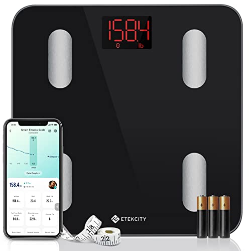 Etekcity Scales for Body Weight, Bathroom Digital Weight Scale for Body Fat, Smart Bluetooth Scale for BMI, and Weight Loss, Sync 13 Data with Other Fitness Apps, Black, 11x11 Inch