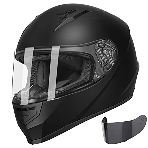 GLX GX11 Compact Lightweight Full Face Motorcycle Street Bike Helmet with Extra Tinted Visor DOT Approved (Matte Black, Medium)