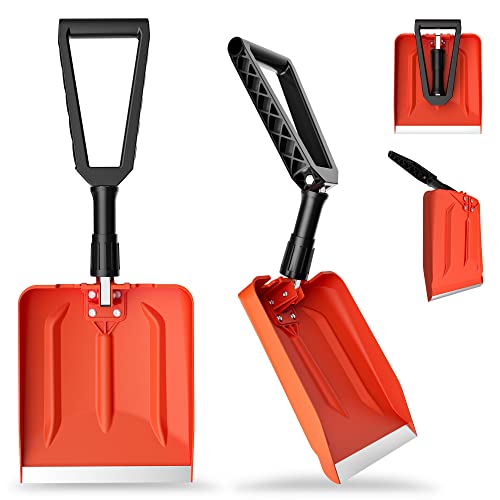 VOLTASK Folding Snow Shovel with D-Grip Handle and Aluminum Edge Blade, Portable Emergency Snow Shovel for Car, Truck, SUV, Recreational Vehicle, Snowmobile