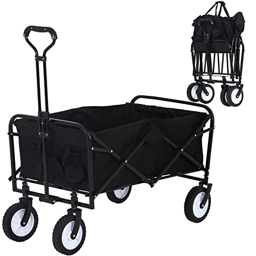 HKLGorg Folding Wagon Cart Collapsible Wagon Cart with Wheels Heavy Duty Beach Wagon Outdoor Grocery Wagon Cart Portable Folding Utility Wagon Cart with Handle for Camping, Outdoor, Black