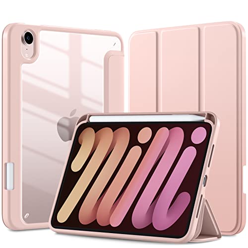 Mastten Case for iPad Mini 6 Case/iPad Mini 6th Generation Case 2021 8.3 Inch with Pencil Holder, Hybrid Slim Clear Back Shell for iPad Mini 6 Case Kids, Auto Wake/Sleep, Rose Pink
