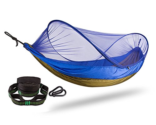 FiveJoy Pop Up Mosquito Net Camping Hammock with Tree Straps and Carabiners - Easy Set Up, Protection from Bugs Insects Ticks - Lightweight, Durable, Portable for Hiking, Beach, Backyard, Outdoors