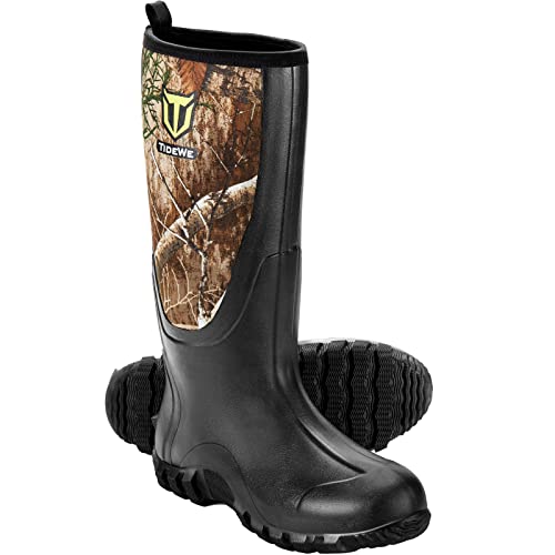TIDEWE Rubber Boots for Men Multi-Season, Waterproof Rain Boots with Steel Shank, 6mm Neoprene Durable Rubber Outdoor Hunting Boots Realtree Edge Camo Size 11 (Camo)