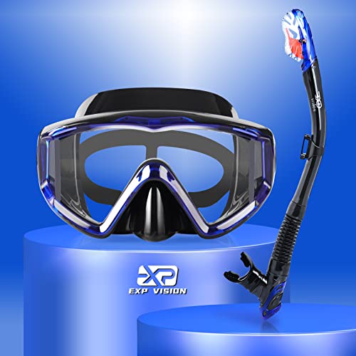 Dry Snorkel Set, Pano 3 Window Snorkel Mask, Anti-Fog Scuba Diving Goggles and Snorkel, Professional Adult Snorkeling Swim Mask Gear (Blue)