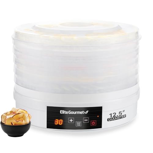 Elite Gourmet EFD770WD Digital Food Dehydrator with 5x12.5” BPA Free Trays, Adjustable 48-hr Timer and Temperature from 95~158F, Jerky, Herbs, Fruit, Veggies, Dried Snacks, White