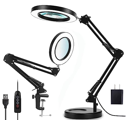 Magnifying Glass with Light and Stand, 10X Magnifying Lamp, Qsky 2-in-1 Desk Lamp with Clamp, 3 Color Modes & Stepless Dimmable, LED Lighted Magnifier for Hobby Reading, Crafts, Repair, Close Work