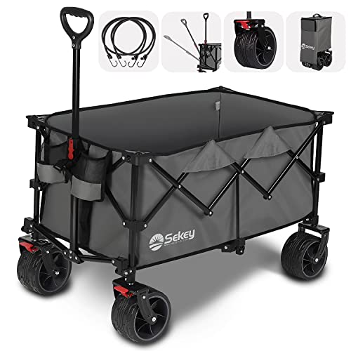 Sekey Collapsible Foldable Wagon with 220lbs Weight Capacity, Heavy Duty Folding Utility Garden Cart with Big All-Terrain Beach Wheels & Drink Holders. Grey