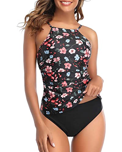 Tempt Me Women Pink Floral Two Piece High Neck Tankini Top Tummy Control Swimsuit with Bottom 2 Piece Bathing Suit M
