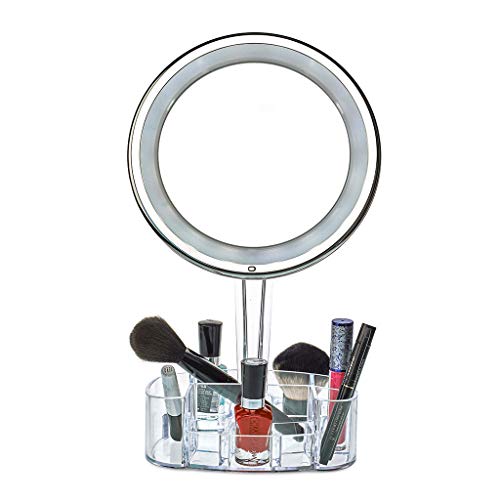 daisi Magnifying Lighted Makeup Mirror with Cosmetic Organizer Base | 7X Magnification, LED Lighted Free Standing Bathroom Mirror for Vanity, Desk or Tabletop