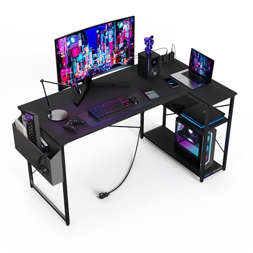 TIQLAB L Shaped Computer Desk with Power Outlets, 47 Inch Small Corner Desk with Reversible Shelves, Gaming Desk Computer Table Study Writing Table for Home Office Bedroom Small Space, Black