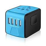 SAUNORCH Universal International Travel Power Adapter W/Smart High Speed 2.4A 4xUSB Wall Charger, European Adapter, Worldwide AC Outlet Plugs Adapters for Europe, UK, US, AU, Asia-Blue
